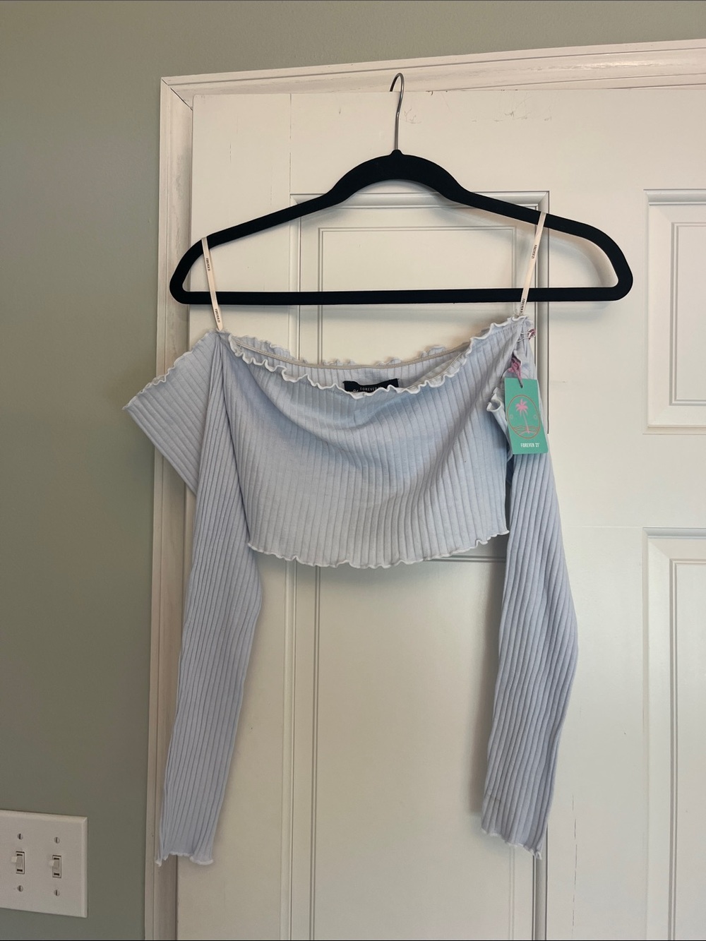 Forever 21 Light Blue Off-Shoulder Ribbed Crop Top